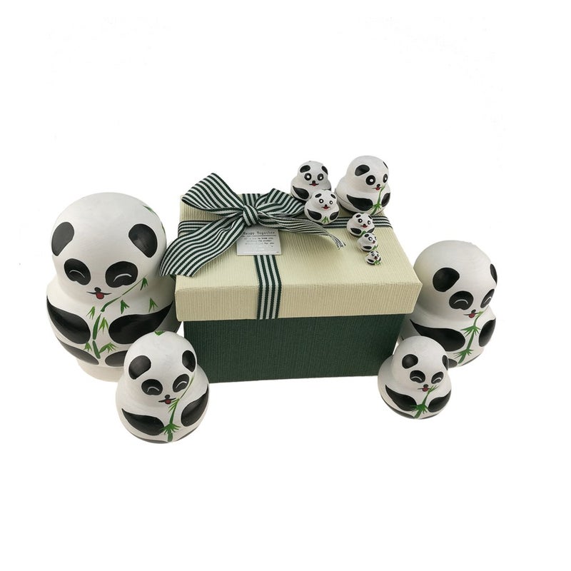 Apol Set of 10 Big-Belly Wooden Handmade Panda Bear with Bamboo Nesting Dolls Matryoshka Russian Doll in a Box with Bow for Kids Toy Home Decoration New Year - Image 4